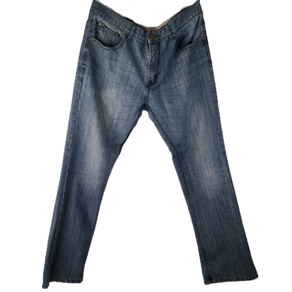 FUSAI 38 x 32 Bootcut Jeans Blue Distressed Denim Stretch Embroidered Pocket